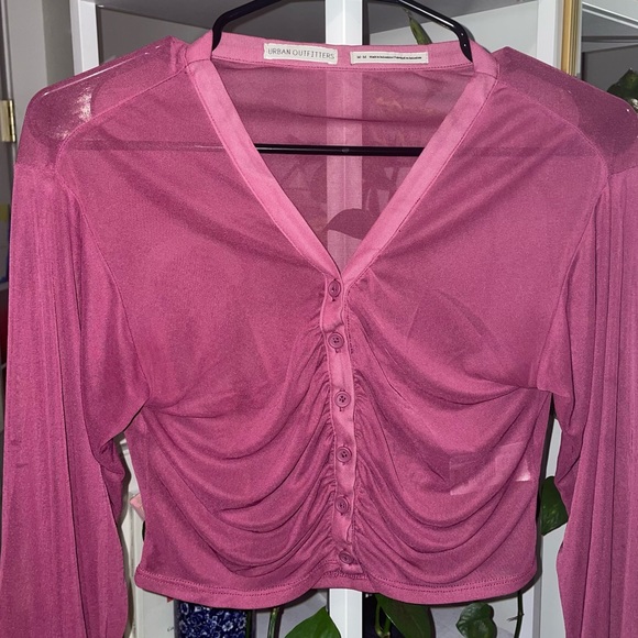 Pink UO Cara Mesh Ruched Blouse | Pink sheer top - Picture 2 of 3